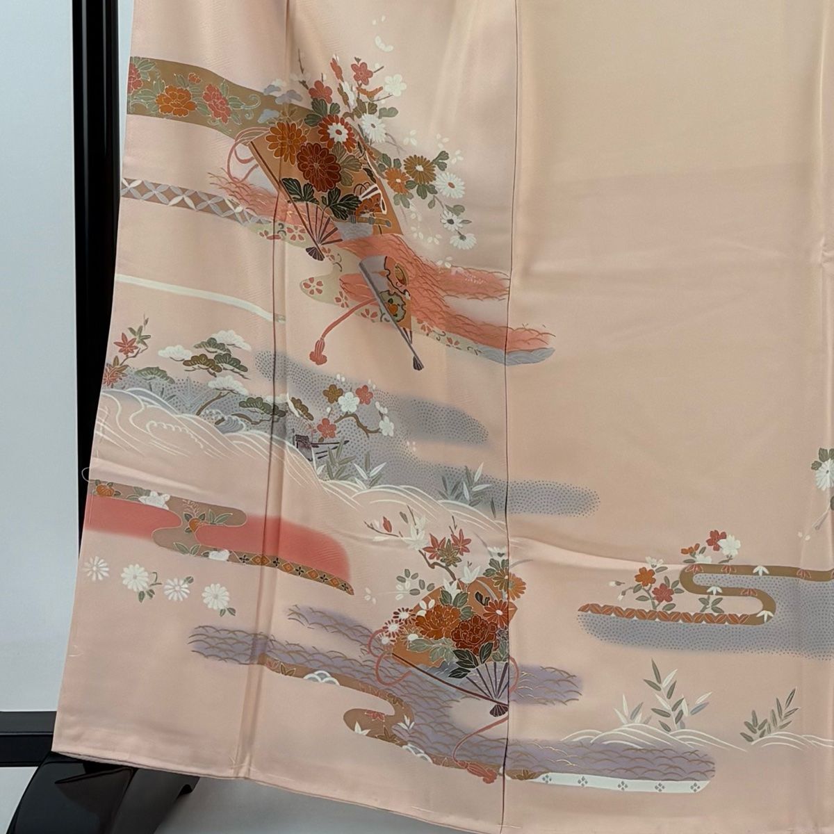 訪問着 身丈165cm 裄丈65cm M 袷 扇 草花 金彩 サーモンピンク