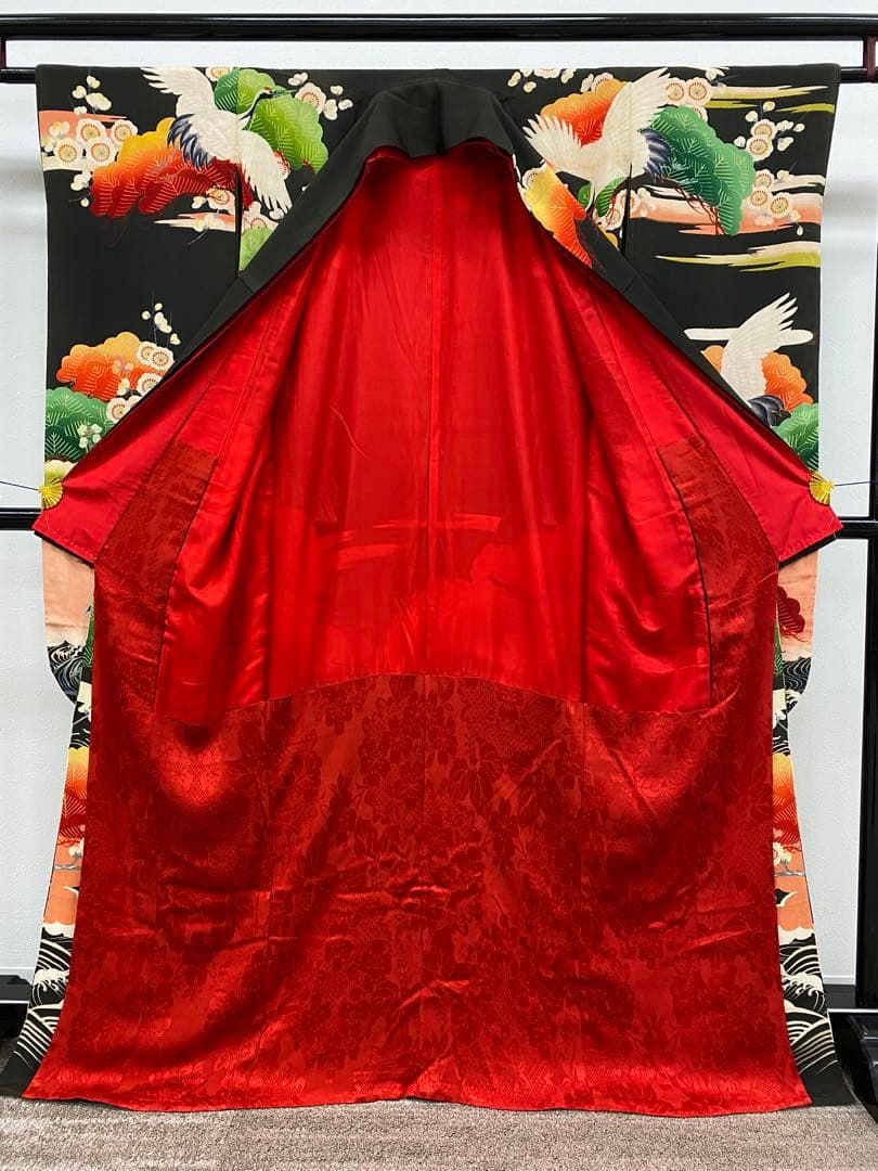 アンティーク 振袖 金駒 金彩 鶴 正絹 身丈164cm 紋付 振り布 比翼付き