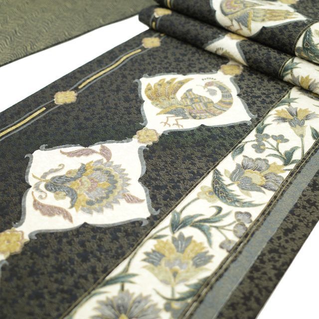 中古】すごい値！袋帯 長尺 正絹 黒 花鳥 花更紗 金通し 金彩 全通柄  