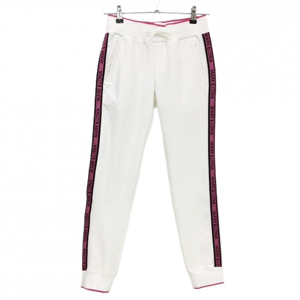 超 マークアンドロナ ジョガーパンツ 白×ピンク 斜めストライプ ロゴ地模様 レディース 36 S ゴルフウェア MARK＆LONA