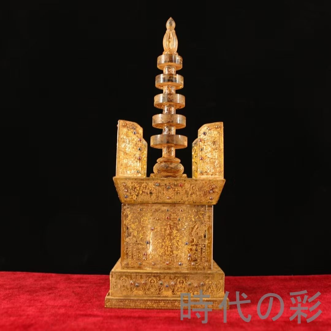 中国古美術 古寺結縁 清代 老水晶 彫刻 仏教図騰 描金 宝石嵌 阿育王舎利塔 無上金剛舎利 仏教美術 唐物 骨董品 細工 古賞物 置物 時代物 収集 古美味 旧家蔵出 R07100309