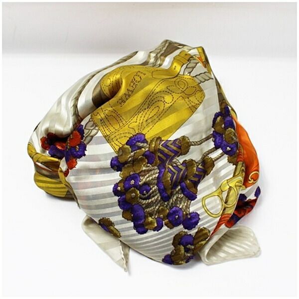 ロエベ 大判 シルク スカーフ クリーム×マルチカラー 中古 Aランク