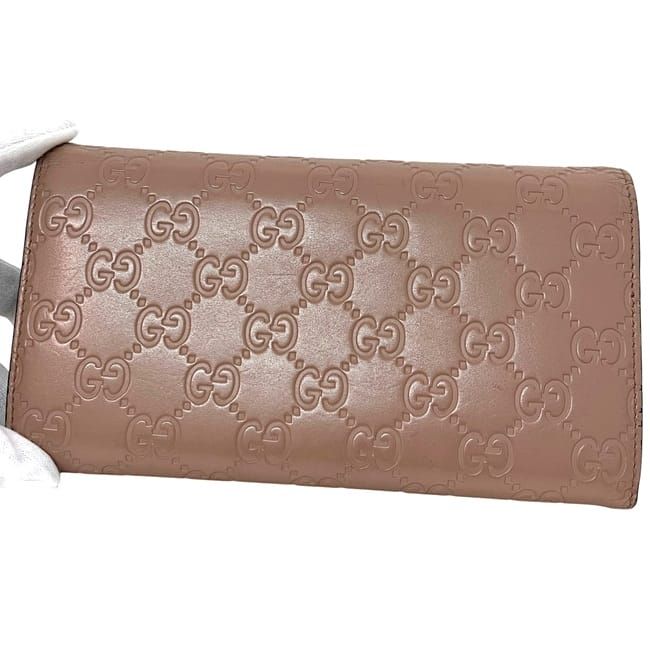 GUCCI 二つ折り財布 レディース　ピンク ベージュ　美品 グッチ 二つ折り 長財布 ピンク ベージュ シマ 388679 財布 レザー