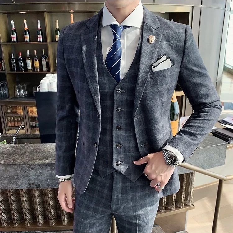 チェック柄スリーピーススーツ スリムスーツ結婚式成人式 メンズスーツ