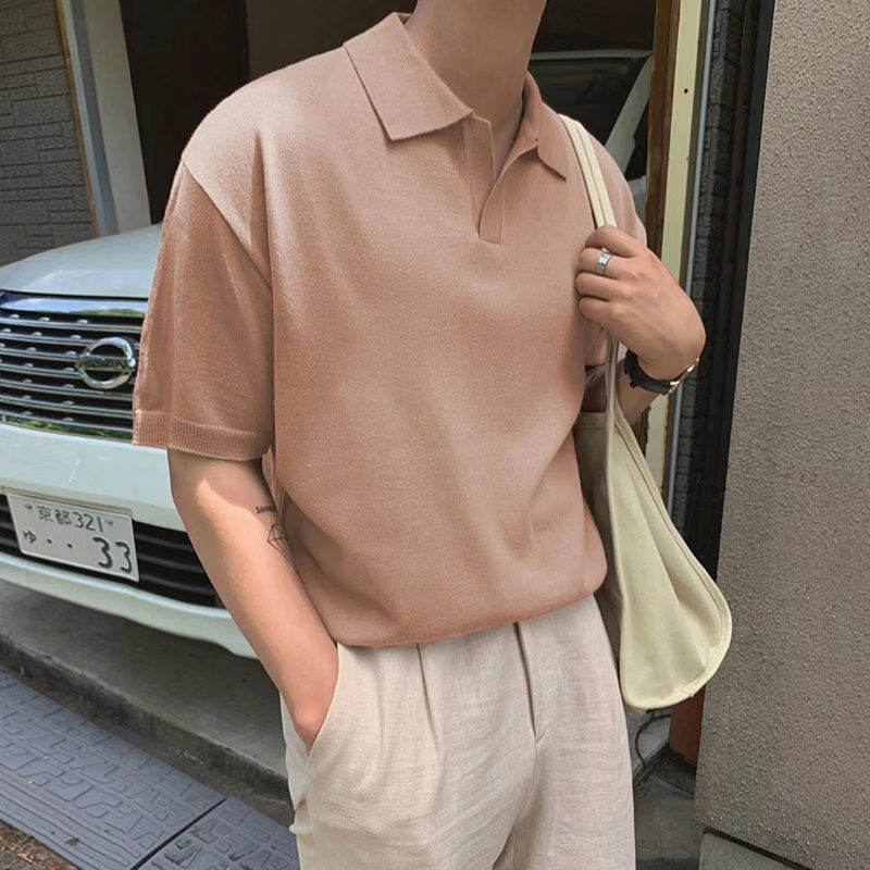 ニットポロ メンズ サマーニット 韓国風 半袖 トップス