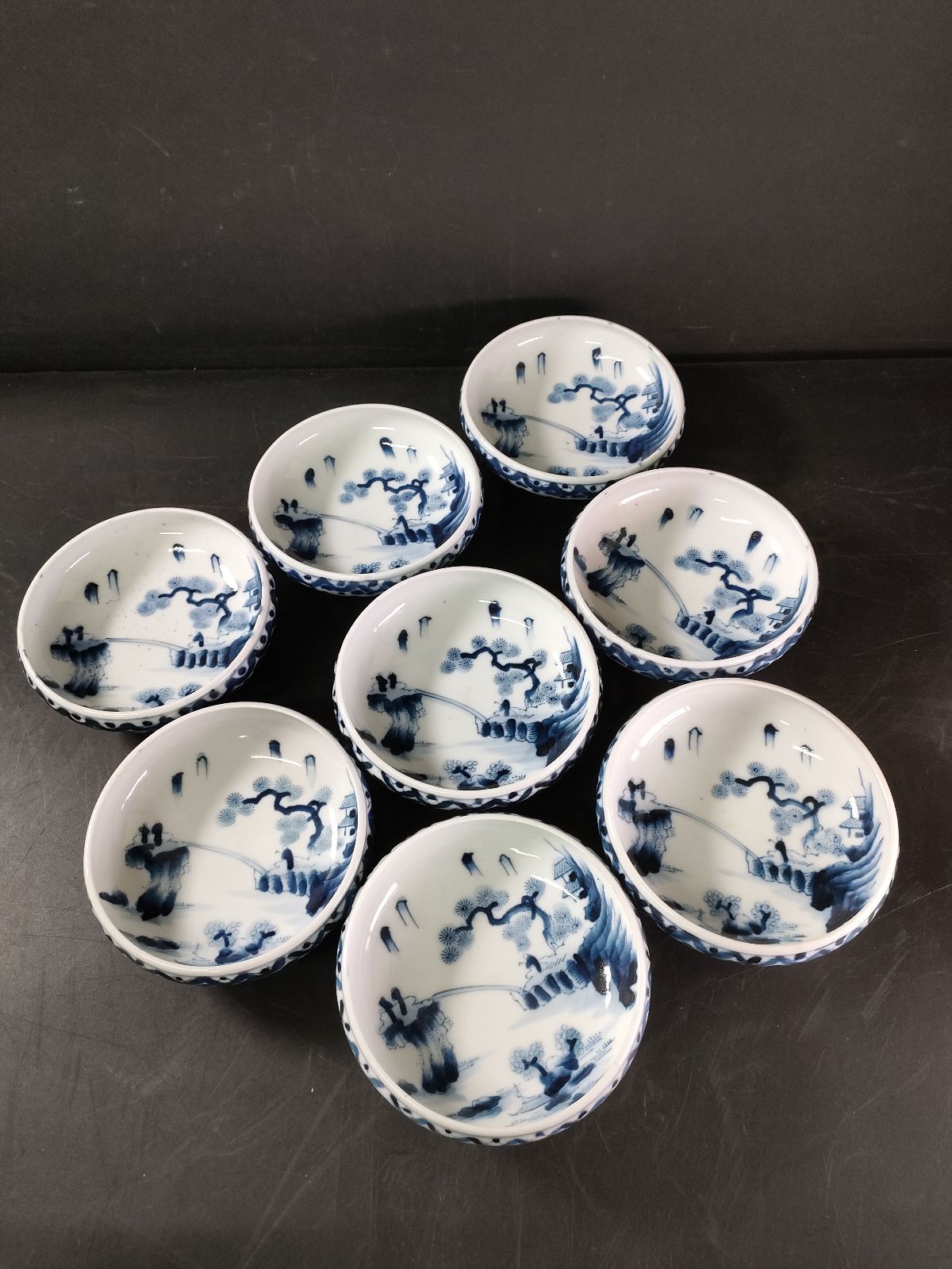 F2-03|九谷焼|角福|染付山水人物風景文銘々皿8客|銘々皿|小鉢|小皿|向付|懐石料理|懐石道具
