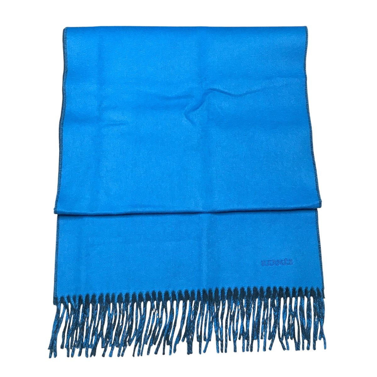 エルメス HERMES カシミヤ Cashmere マフラー ブルー 箱 レディース ストール 膝掛け 程度良好 T10423127