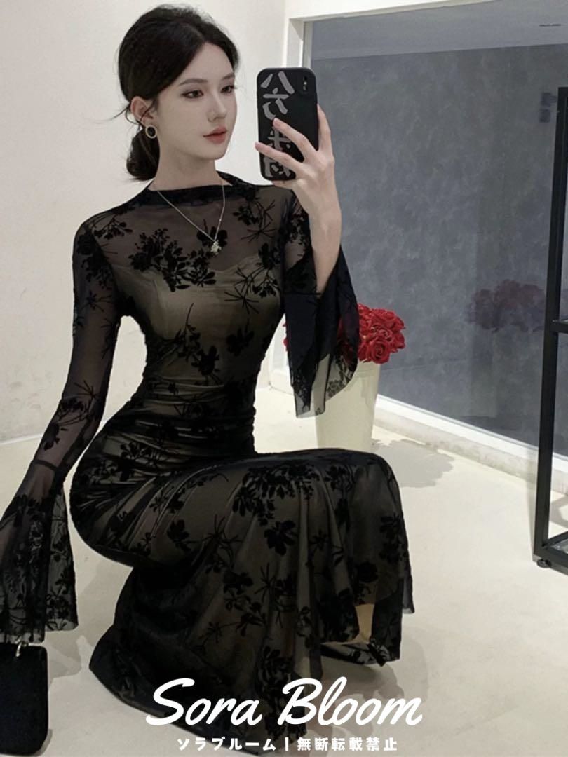 シースルー　マーメイド　ロング花柄ワンピース 結婚式 パーティー 新品未使用シースルー マーメイド ロング花柄ワンピース 結婚式