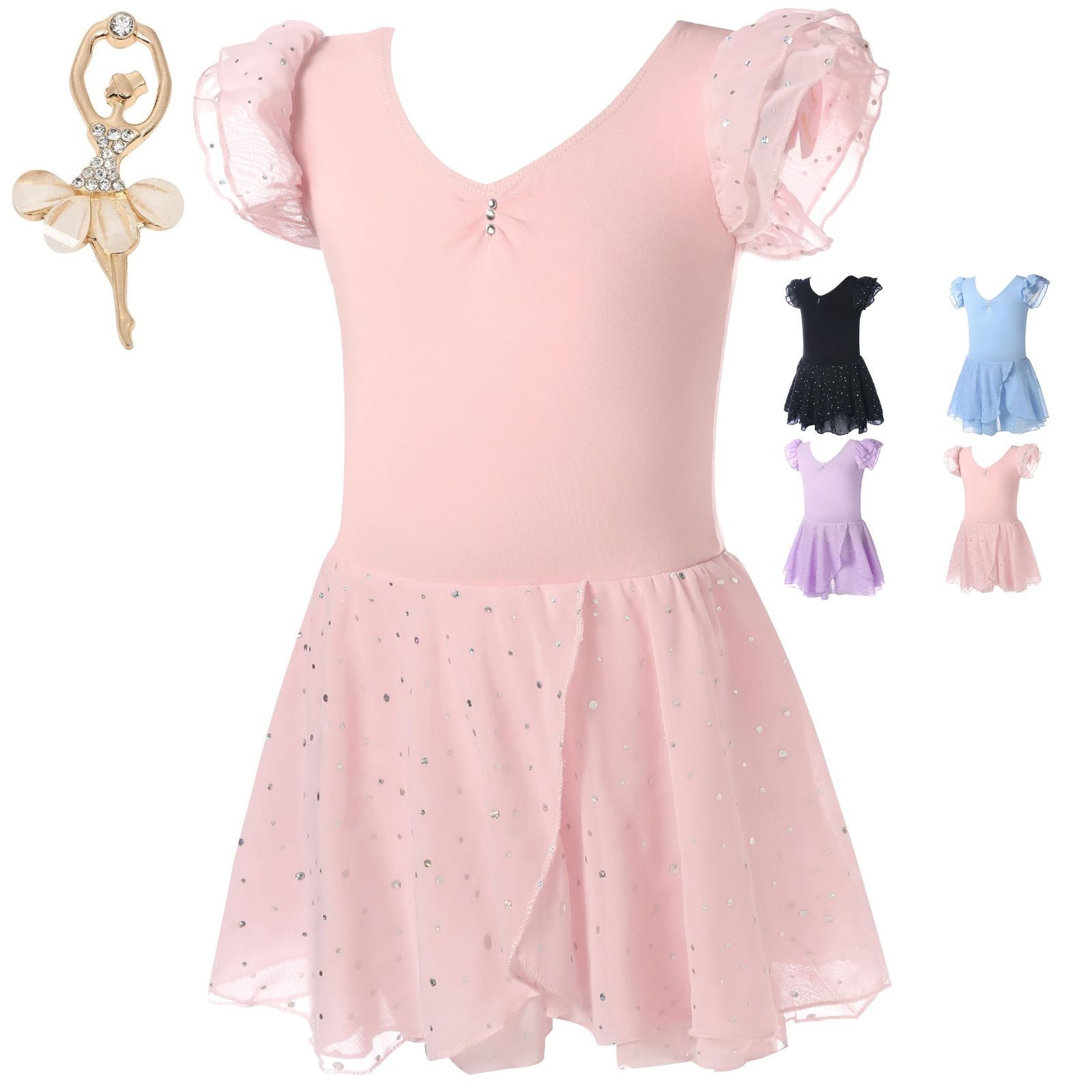 【Aigoda】バレエ レオタード 子供 キッズ ジュニア 4色 スパンコール付き バレエ衣装 新体操 可愛い 練習 発表会