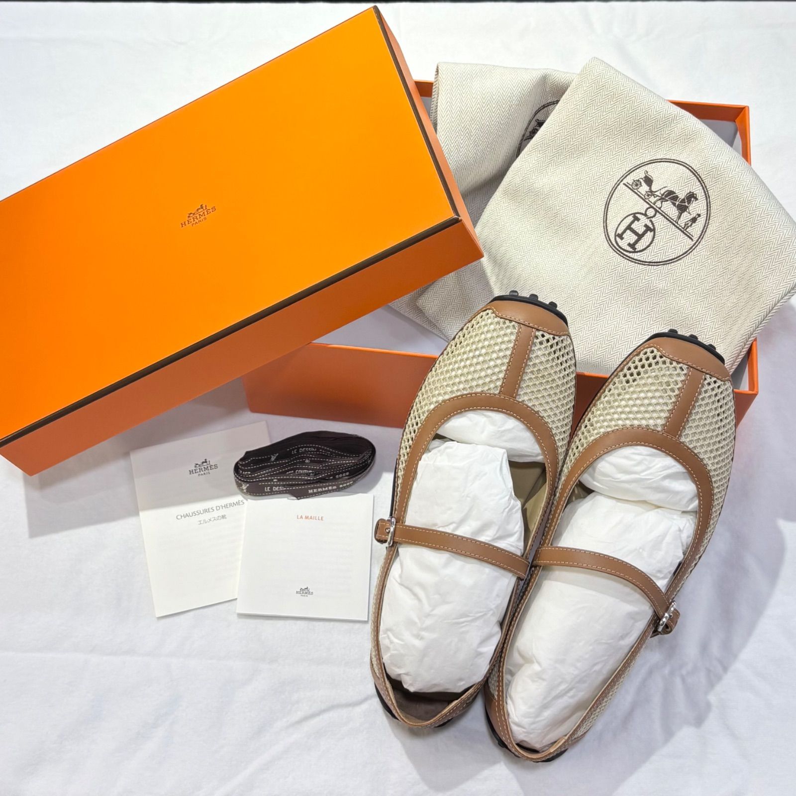 未使用品◎HERMESエルメス フラットシューズ 36.5 メッシュ レザー