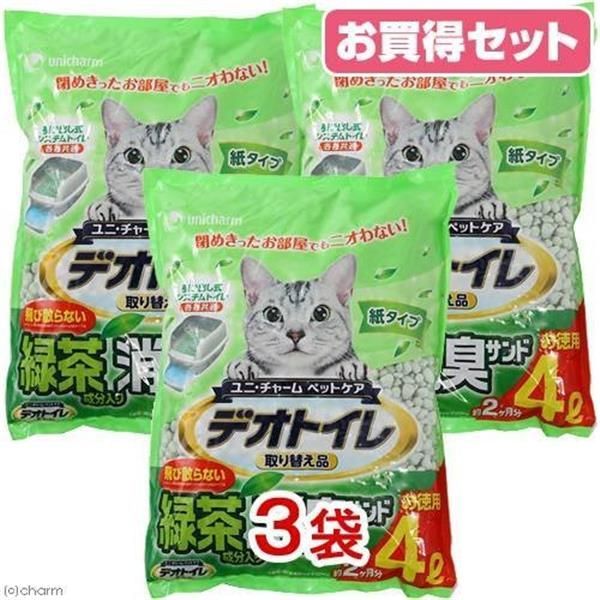 メルカリShops - ユニ・チャーム デオトイレ 飛び散らない緑茶・消臭サンド 4L 3袋入り 猫砂