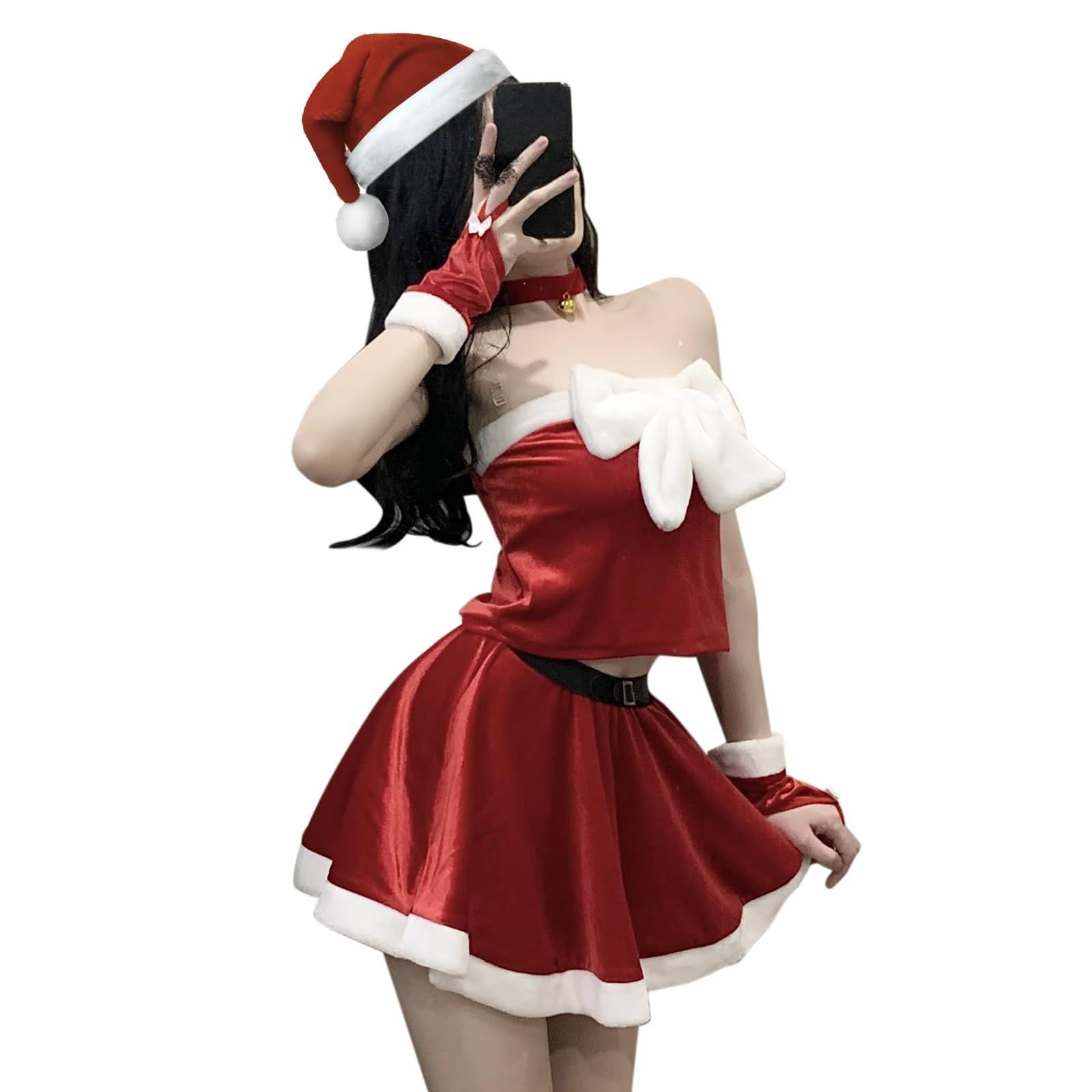 [DECEED] サンタ コスプレ リボン レディース セクシー サンタコス 衣装 大きめリボン サンタクロース コスチューム 6点セット クリスマス 忘年会 新年会 パーティー 仮装