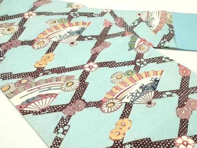 平和屋着物●九寸名古屋帯 型染め 松皮菱舞扇文 お召縮緬 正絹 DAAY0168ob