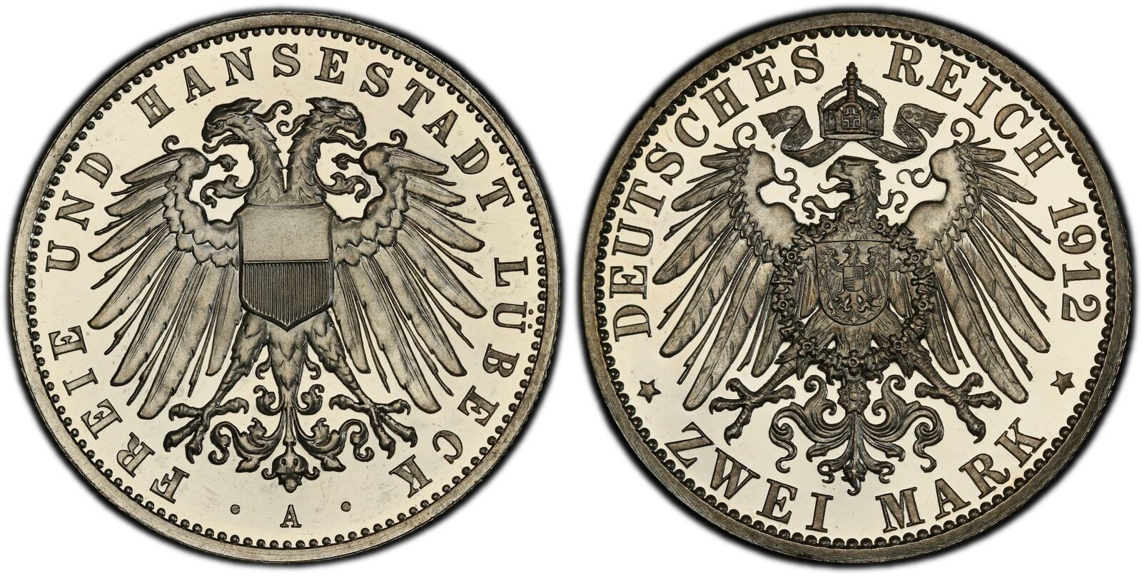 GERMAN ST. Lubeck. 1912-A AR 2 Mark. PCGS PR66 Cameo. KM 212. Proof Jaeger 81