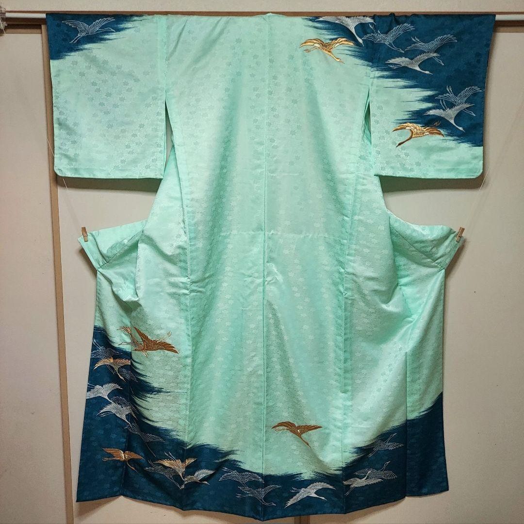 ポリエステル着物専門店in.style◆ ◆舞台衣裳◆付下訪問着◆着物◆踊り◆単衣◆居敷当て◆広衿◆金駒刺繍◆仕付け糸◆鶴◆裄69.5cm◆丈165.5cm