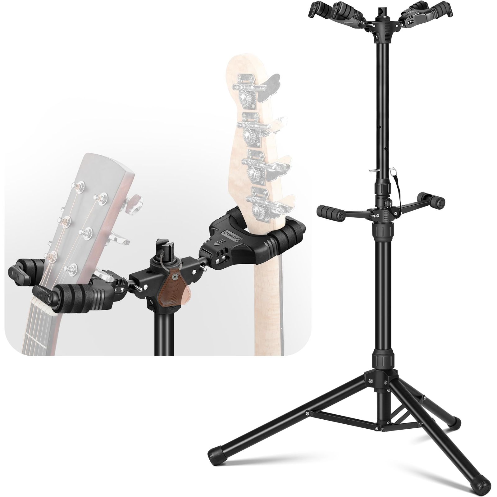 迅速発送 CAHAYA ダブルヘッド オートロック ギタースタンド 折りたたみ 三脚 立てかけタイプ 自動重力ロック 安定 耐久 高さ調整 スチール材 シリコンフォーム材 ギターハンガー 多用途 アコースティック クラシック エレクトリック エレキギター