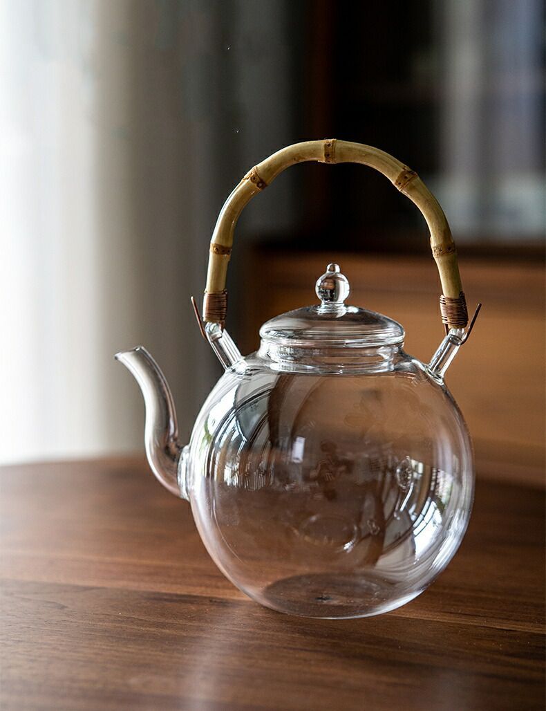 ガラスケトル 900ml 耐熱 ガラス ティーポット 竹の持ち手 まんまる