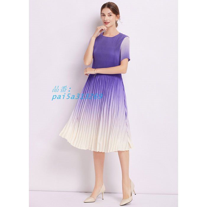 プリーツスカート ツートン半袖ミモレフ ワンピース 紫 プリーツ カジュアル リゾート レディース 韓国 pai5a313269
