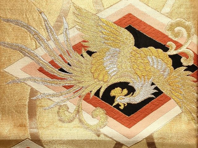 (J1-5H5)鳳凰一閑張り 平和屋1□六通太鼓柄袋帯 玉虫金彩 螺旋 鳳凰花唐草文