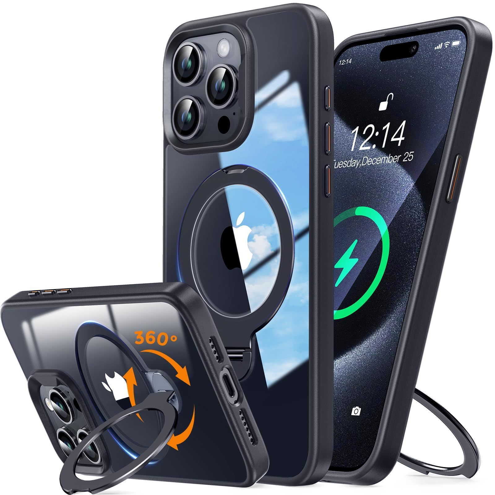 【極限透明感！360回転スタンド】Rosycover iPhone 12 Pro Max 用 ケース Magsafe 対応 [定点回転スタンド・超絶安定性][極透明・美しさを還元]マグセーフ ワイヤレス充電対応 米軍MIL規格取得・耐衝撃 