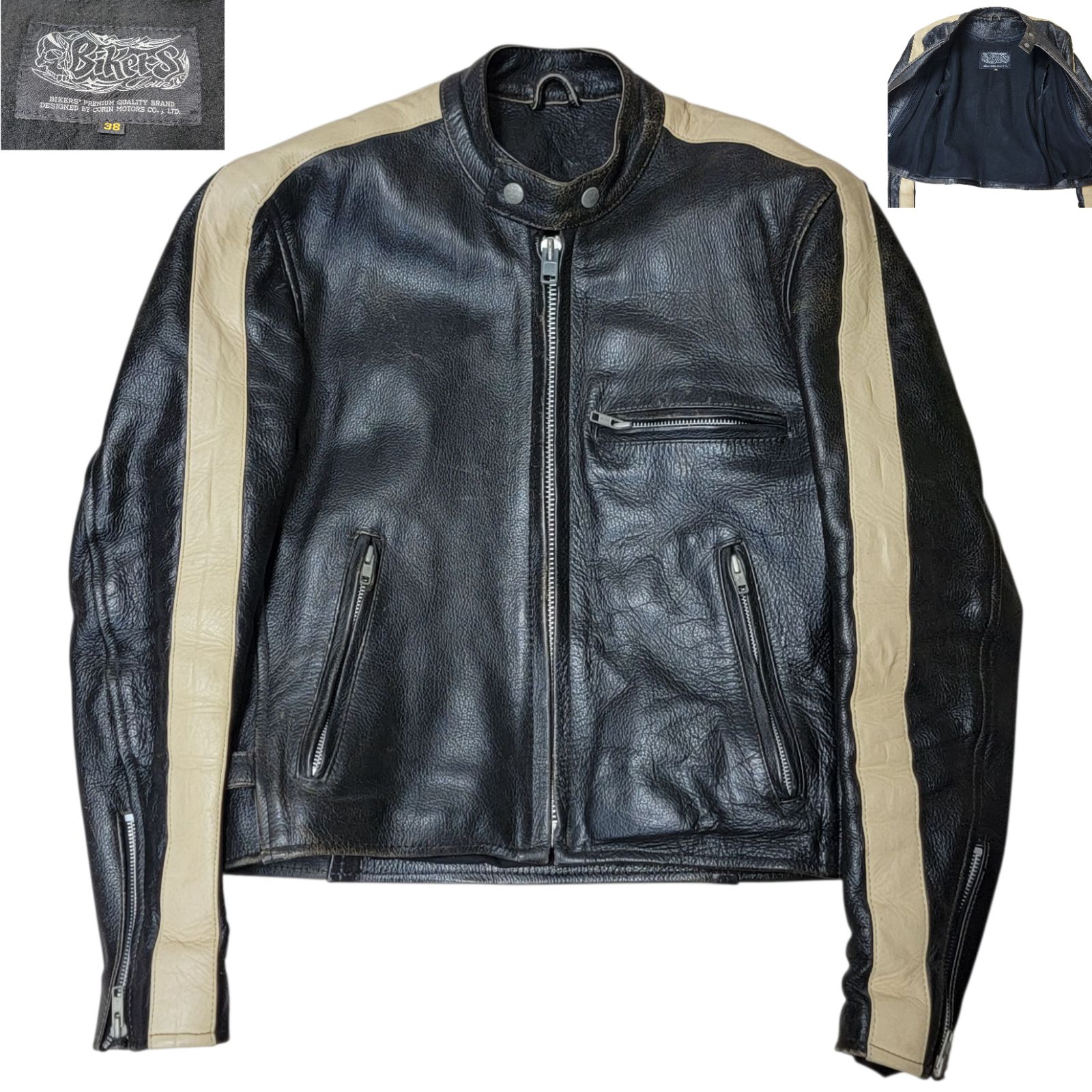 80S バイカーズ コーリンモーターズ Bikers CORIN MOTORS 牛革 シングルライダース 38 M 脱着ライナー付 ライダースジャケット YKKデカジップ アルミジップ