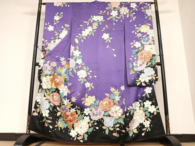 平和屋着物●豪華振袖 駒刺繍 草花文 枝垂れ桜 暈し染め 金銀彩 正絹 AABB6593zg