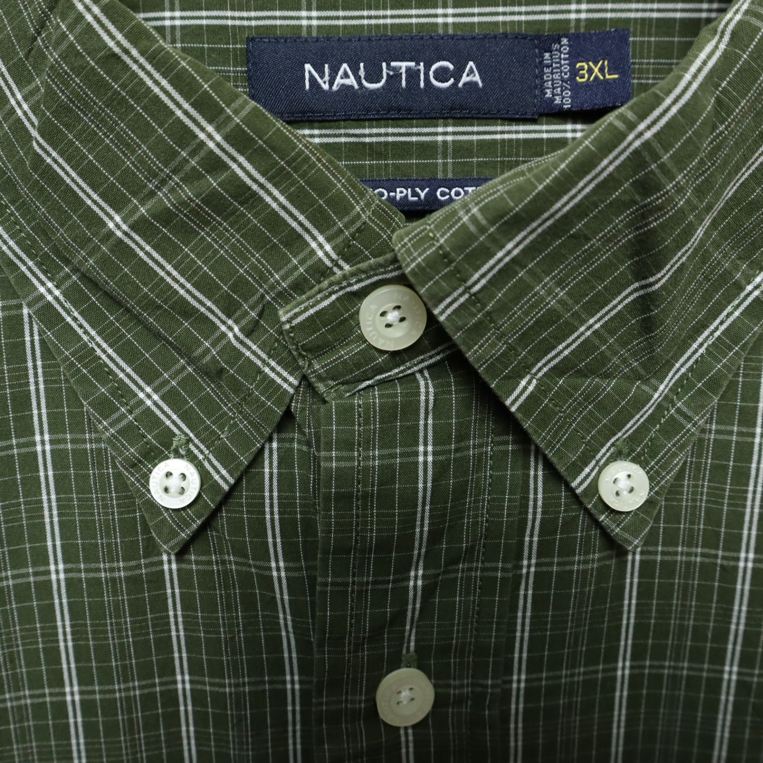 NAUTICA ノーティカ 3XLサイズ 【S品】 00s アメリカ古着  長袖 シャツ BDシャツ ボタンダウンブロードシャツ 刺繍ワンポイントロゴ チェック カーキ 緑 グリーン C7a735