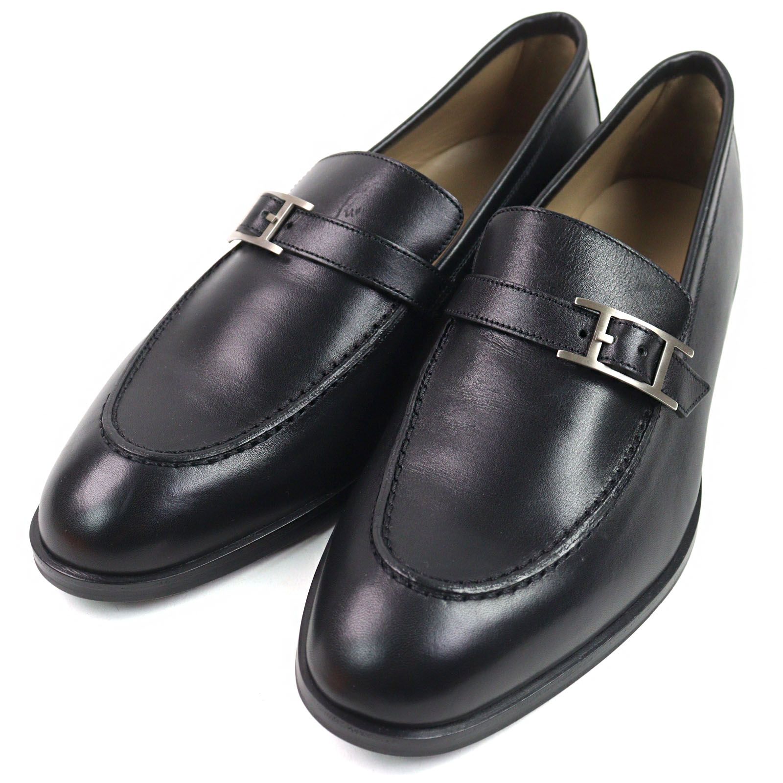 ○HERMES エルメス AF171435 モントレー シルバー金具 Hロゴ金具 Uチップ アピ ベルト付き レザーシューズ ローファー ブラック 41 箱 保存袋付き イタリア製 メンズ