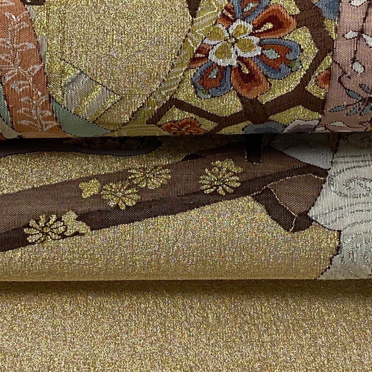 袋帯 逸品 誰が袖 花鳥 綴織 金銀糸 金色 お太鼓柄 正絹 【中古