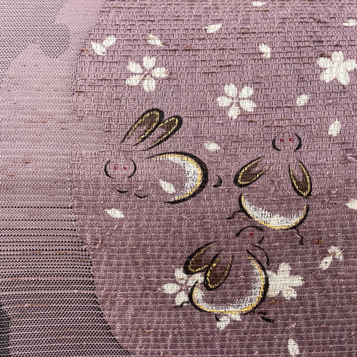 袋帯 美品 名品 うさぎ 桜 銀糸 金彩 灰紫 お太鼓柄 正絹 【中古