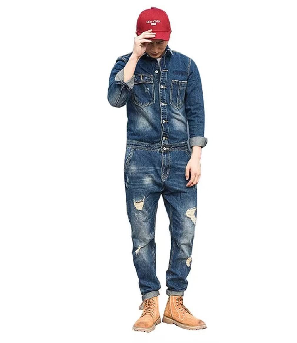 Size:2XL_Color:ブルー [CNPLOPANSS] つなぎ メンズ作業服 メンズツナギ 作業服 デニムつなぎオールシーズン オールインワン 長袖 ロングパンツ デニムオーバーオール ダメージ ジーンズ 続き服 春