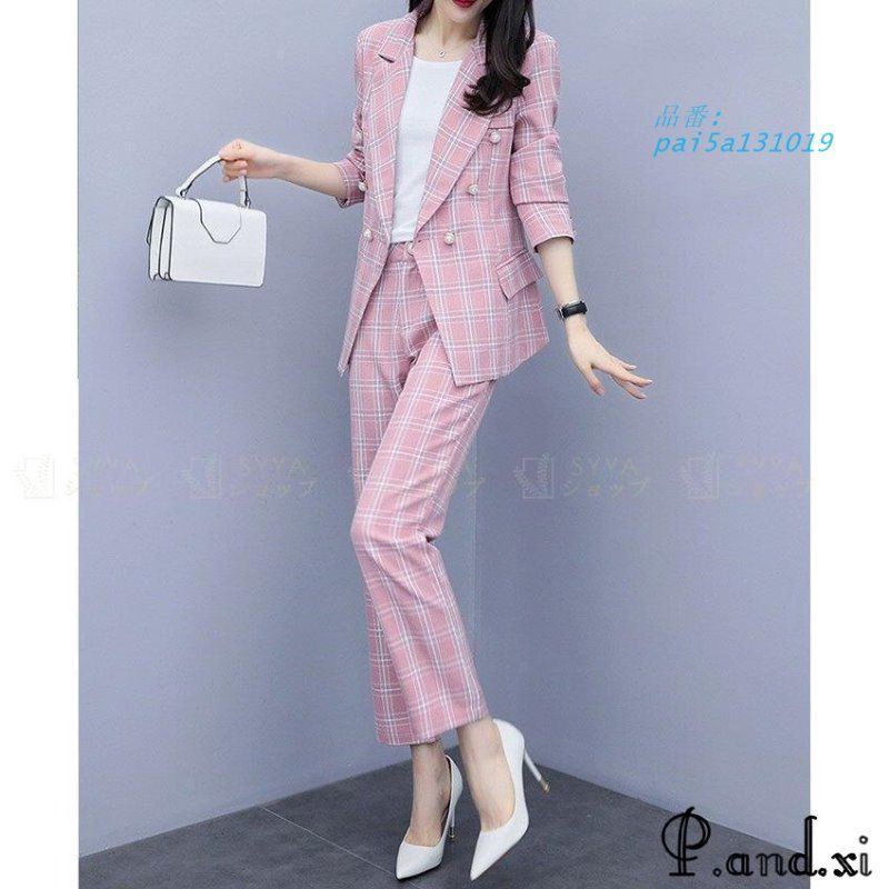 セットアップ パンツスーツ チェック スリム ジャケット 大きいサイズ キレイめ カジュアル 大人 リラックス 通勤長袖 上下セット 着痩せ pai5a131019