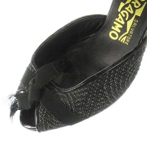 サルヴァトーレフェラガモ Salvatore Ferragamo ミュール サンダル ハイヒール リボン フリンジ ワンポイント 黒 ブラック |CK17 GY18 KIN-KAAI_COM