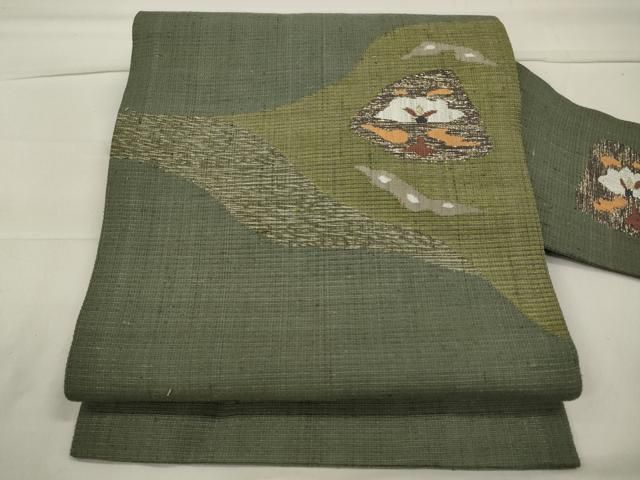 平和屋着物◎八寸名古屋帯 紬地 幾何学文 金糸 正絹 逸品