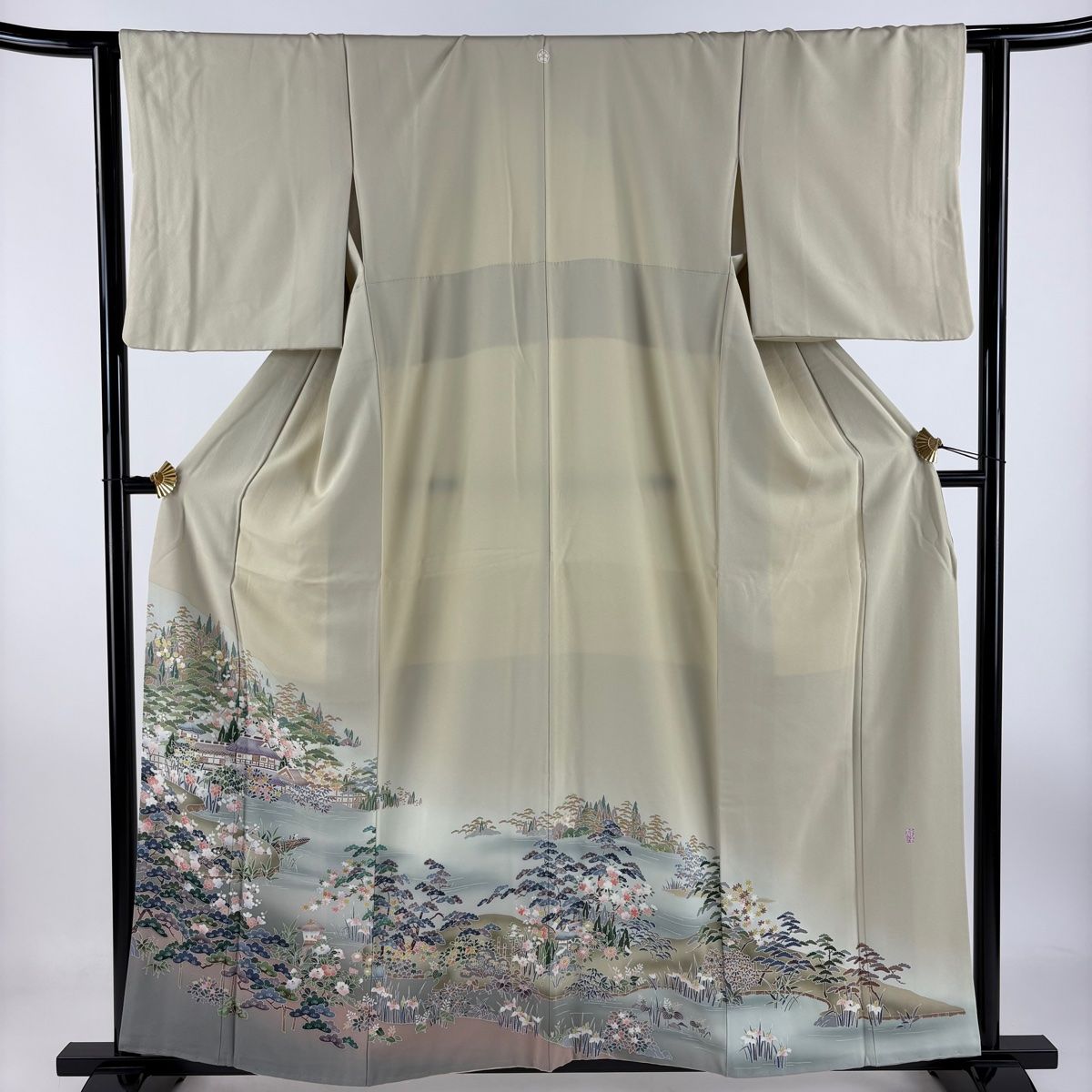 色留袖 身丈160cm 裄丈62.5cm S 袷 落款 建物 松竹梅 ぼかし ベージュ 正絹 名品 一つ紋