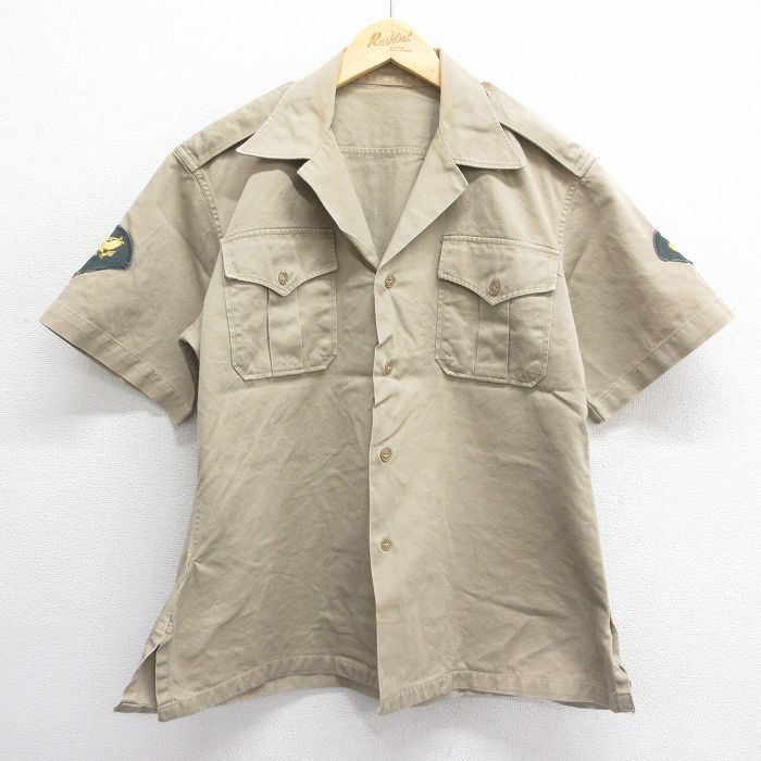 L/古着 半袖 ビンテージ ミリタリー シャツ メンズ 50s コットン 開襟 オープンカラー ベージュ カーキ spe 24may27 中古 トップス