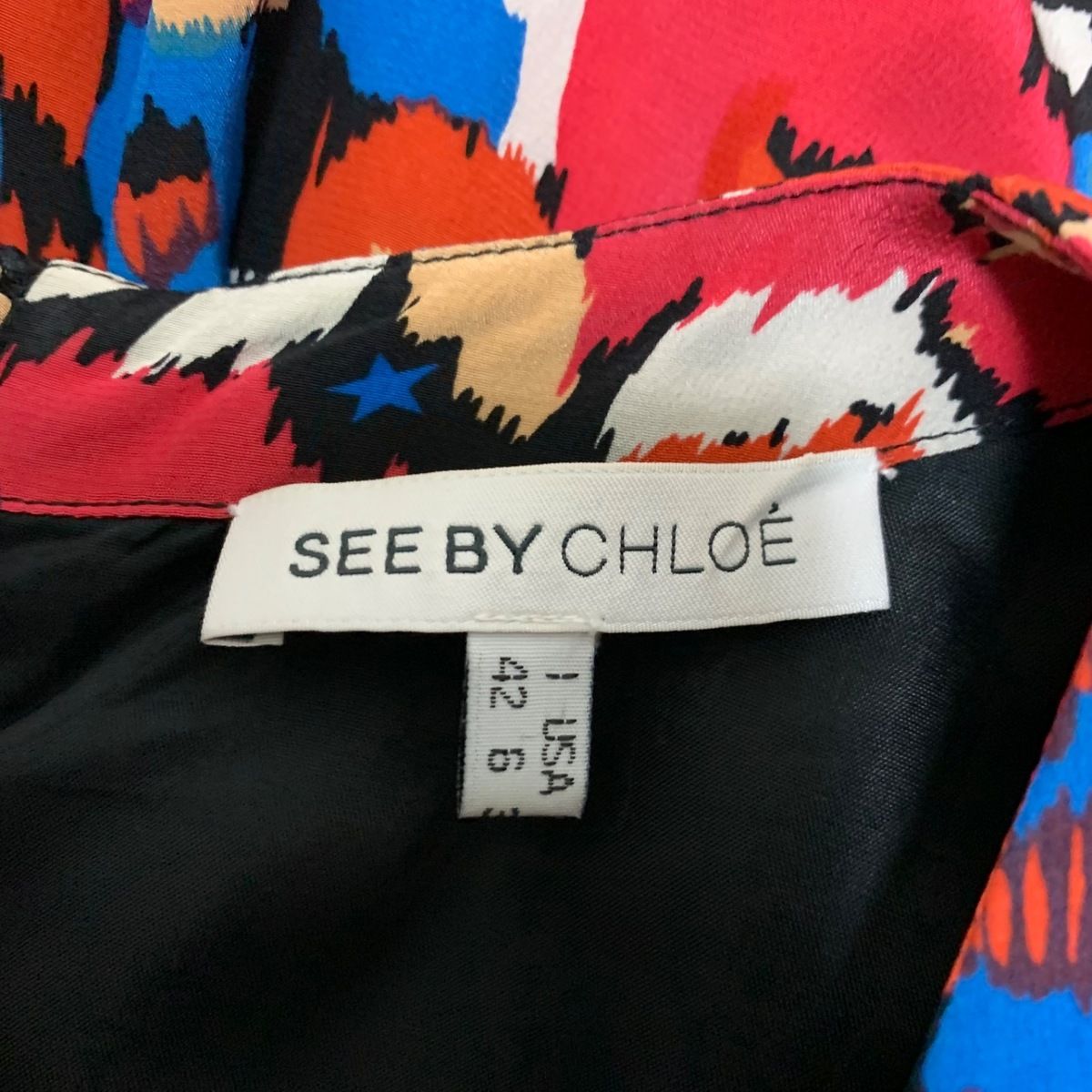 SEE BY CHLOE(シーバイクロエ) ワンピース サイズ42 L レディース美品 - レッド×ブルー×マルチ クルーネック/半袖/ひざ丈