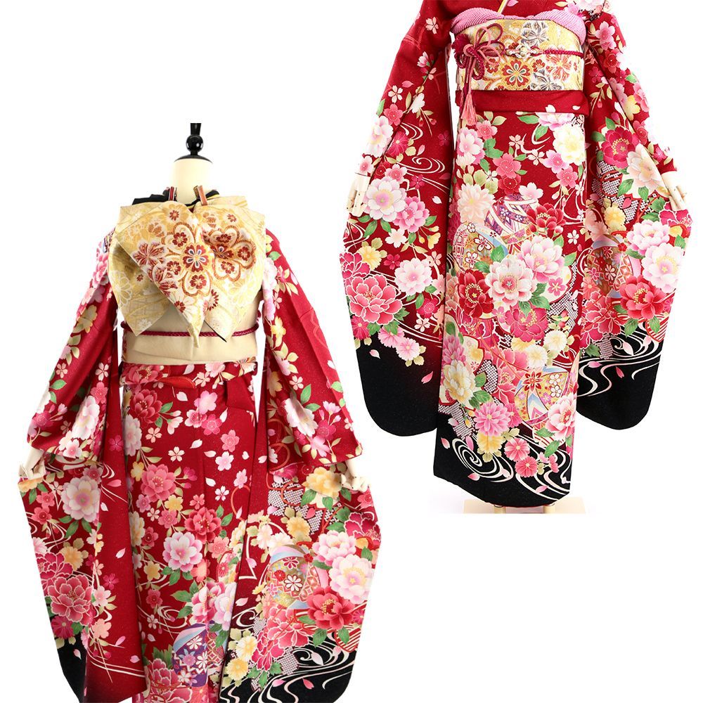 【美品 正絹お振袖 7点フルセット M~Lサイズ 赤 洋花】 振袖 振袖セット USED振袖 赤 古典柄 流水 鞠 7点フルセット