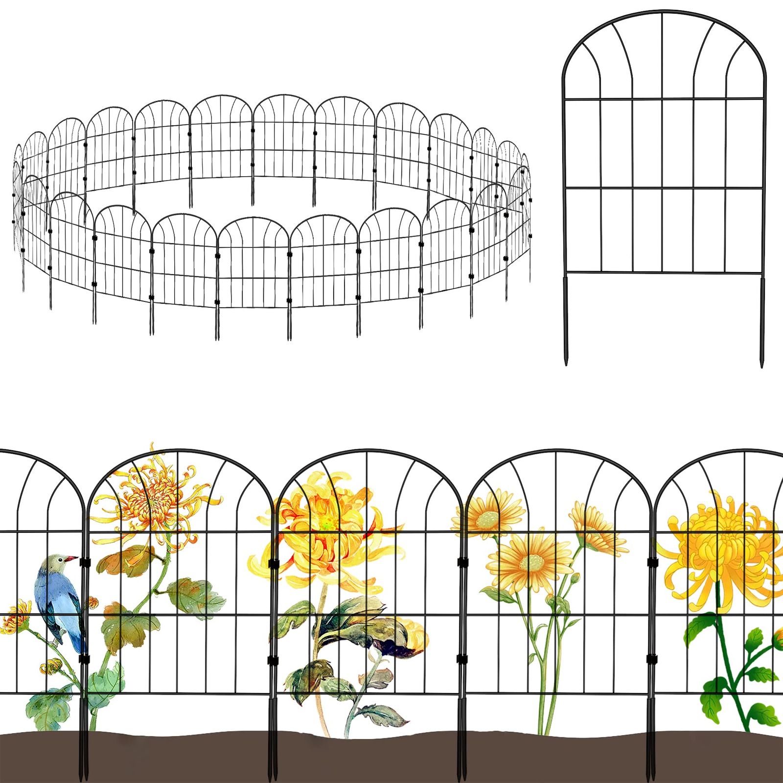 MITOUER ガーデンフェンス 25枚セット アイアンフェンス ブラック 防錆 植物や花を保護 花壇 菜園 柵 塀 庭 犬 ガーデン 仕切り簡単設置 高さ0.6m×長さ0.32m 全長8m 日本語説明書付き