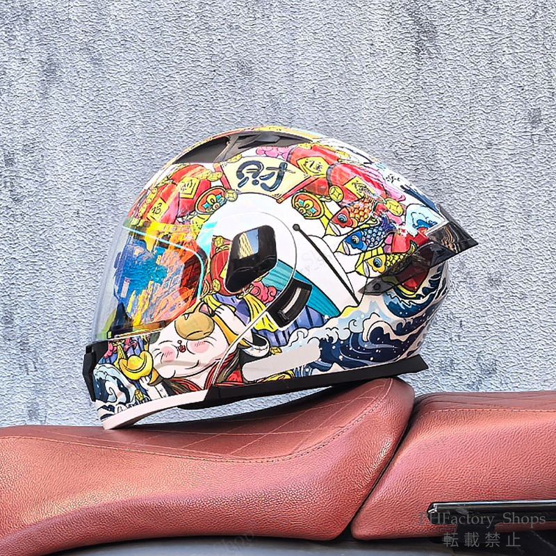 バイクヘルメット フリップアップヘルメット フルフェイスヘルメット DOT承認 クラッシュヘルメット 耐久性 安全性 通気性 男女兼用 招き猫デザイン ホワイト A145