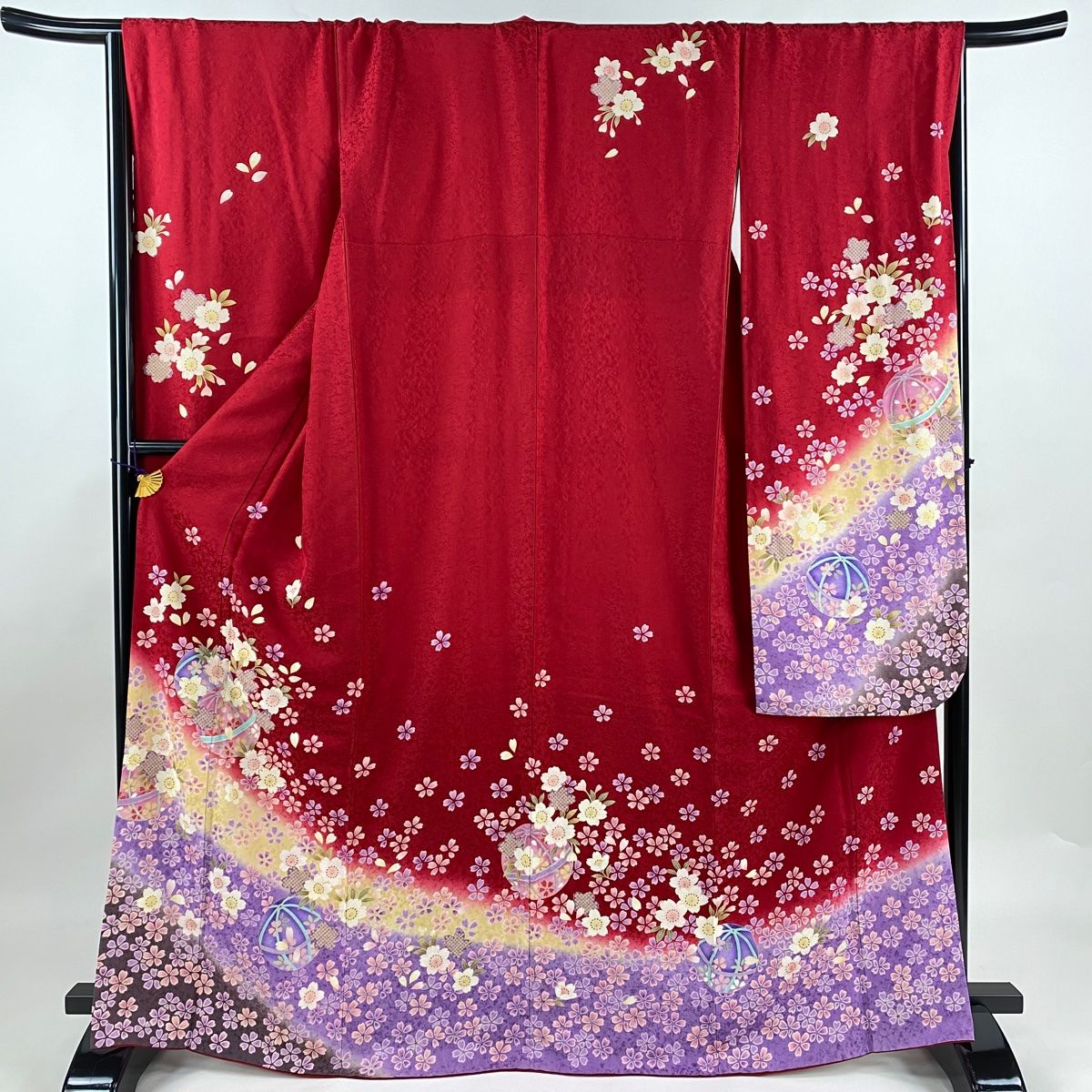 振袖 身丈167.5cm 裄丈67.5cm L 袷 鞠 桜 箔 金彩 赤 正絹 名品