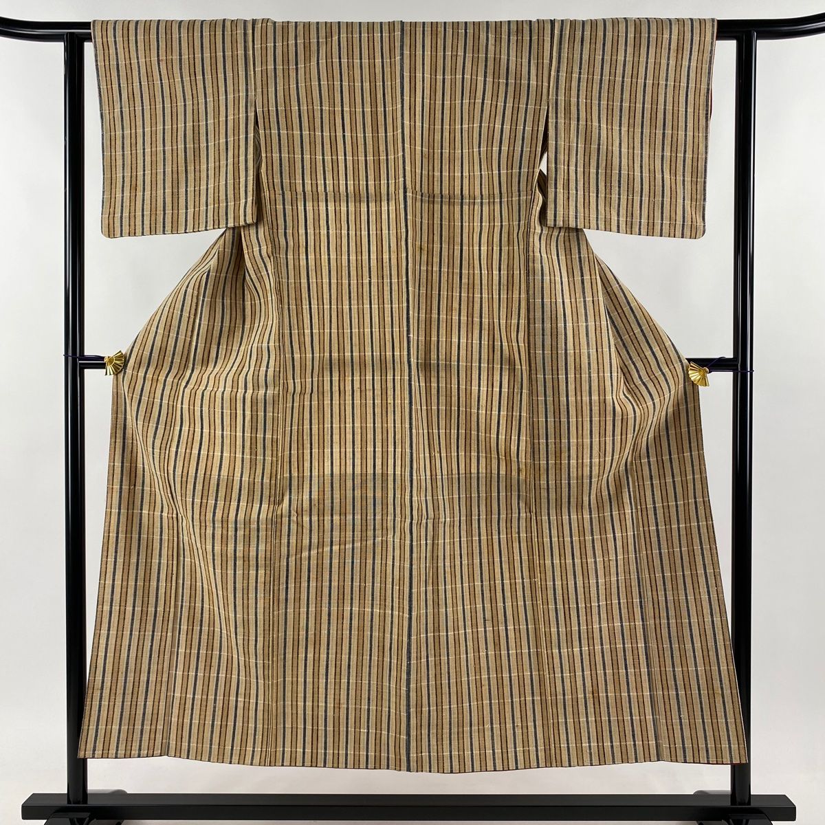 紬 身丈150.5cm 裄丈60.5cm S 袷 丹波布 バチ衿 胴抜き 縦縞 薄茶色 綿  