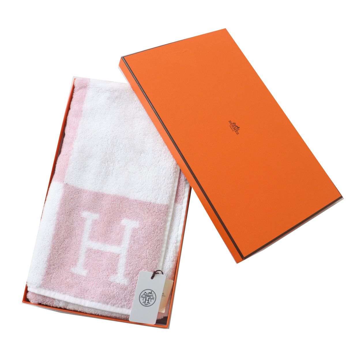 HERMES バスタオル アヴァロン　ローズリラ　未使用　タグ付き　箱付き 未使用品◎正規品 フランス製 HERMES エルメス Avalon