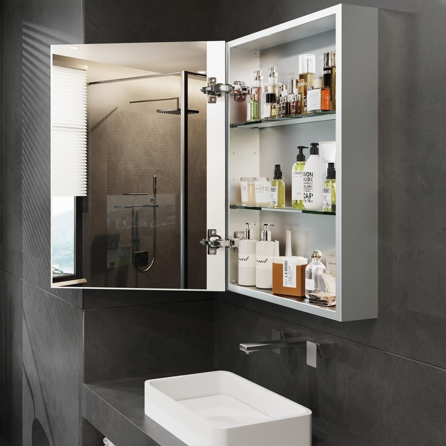 数量限定】扉付き 吊り戸棚 脱衣所 収納付き 可動式棚 洗面鏡 壁掛け