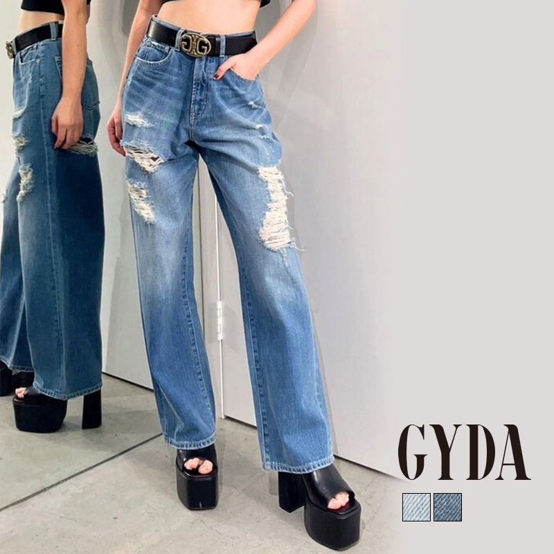 ハイウエスト パウダーケミカル ワイドダメージデニムパンツ GYDA  