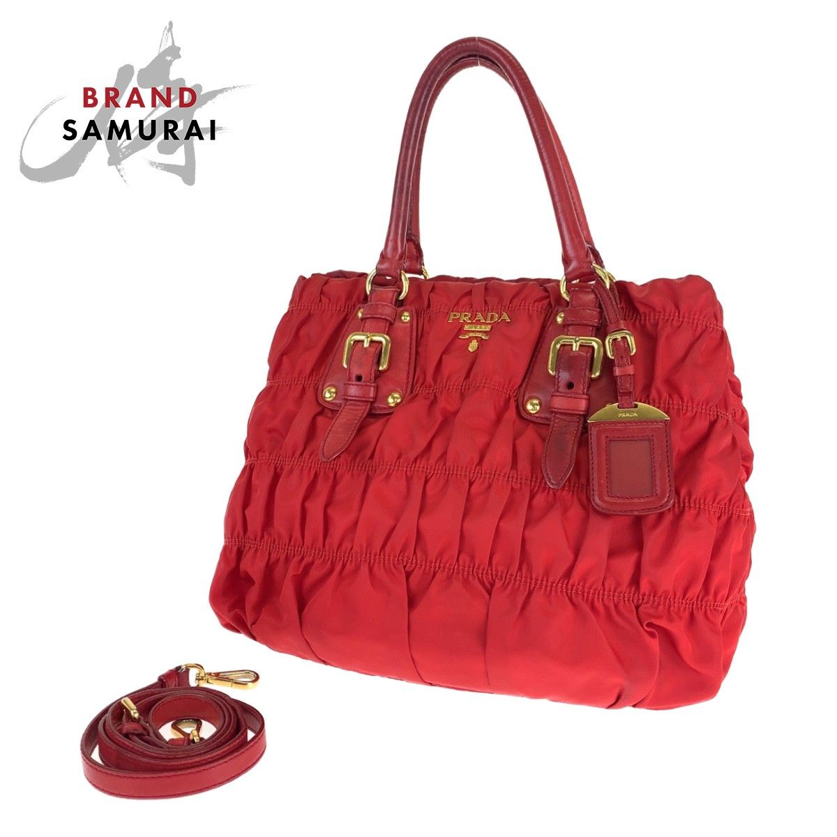 美品 PRADA プラダ テスート ゴーフル ギャザー レッド 赤 ゴールド  