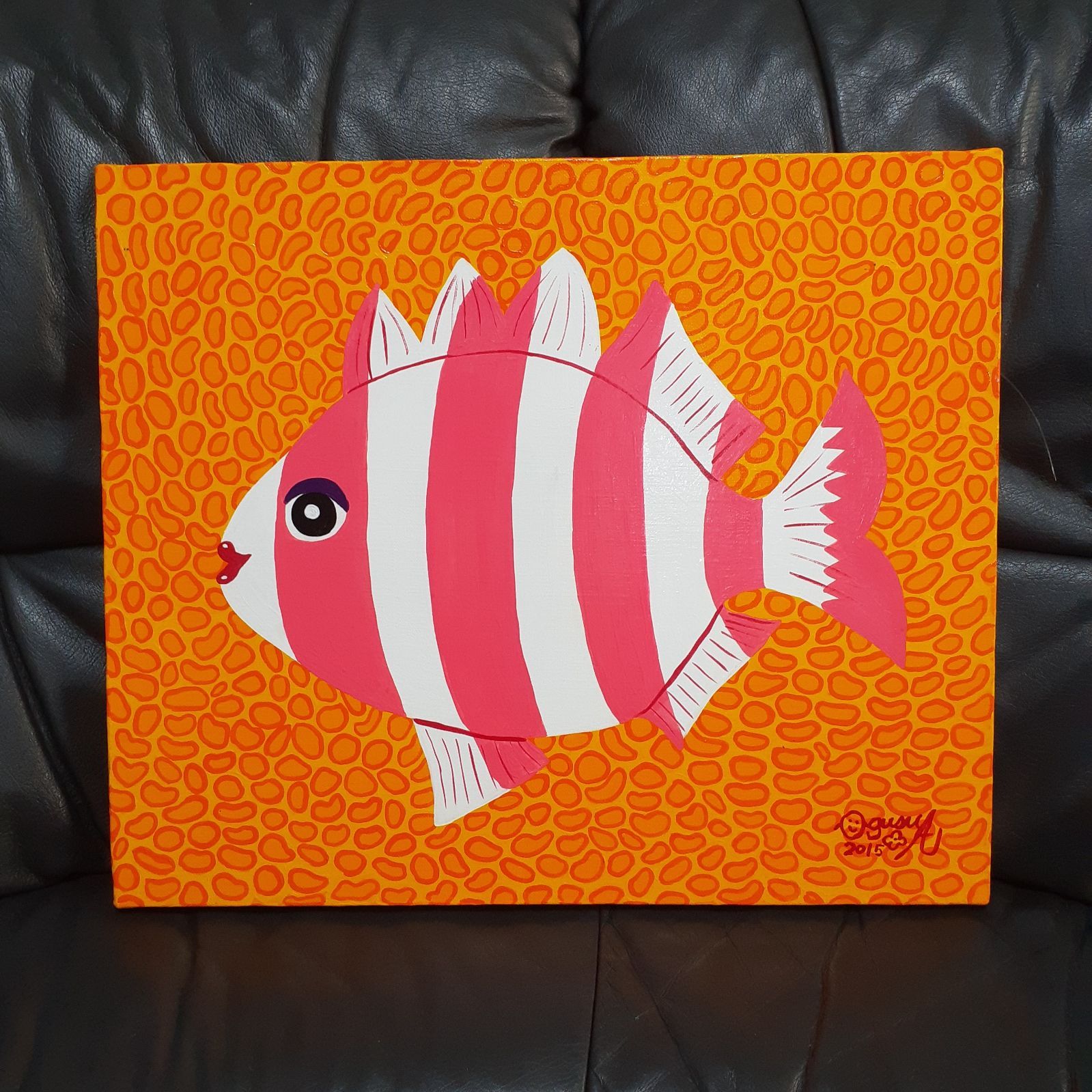 美しい 画家小楠アキコ作品 ハッピー太陽と虹 キャンバス 20×20cm 油絵 