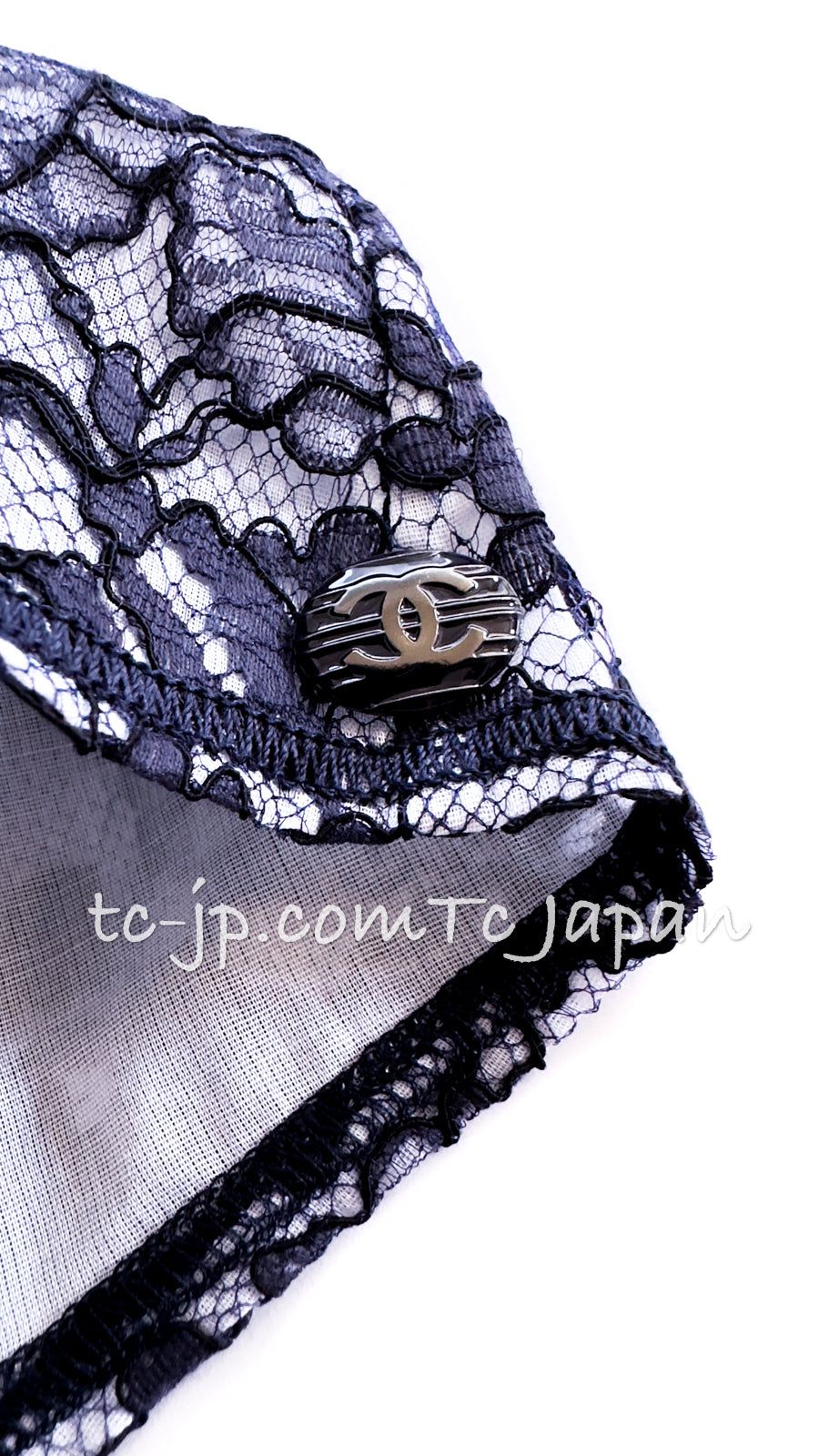 シャネル トップス CHANEL ネイビー ホワイト カメリア レース
