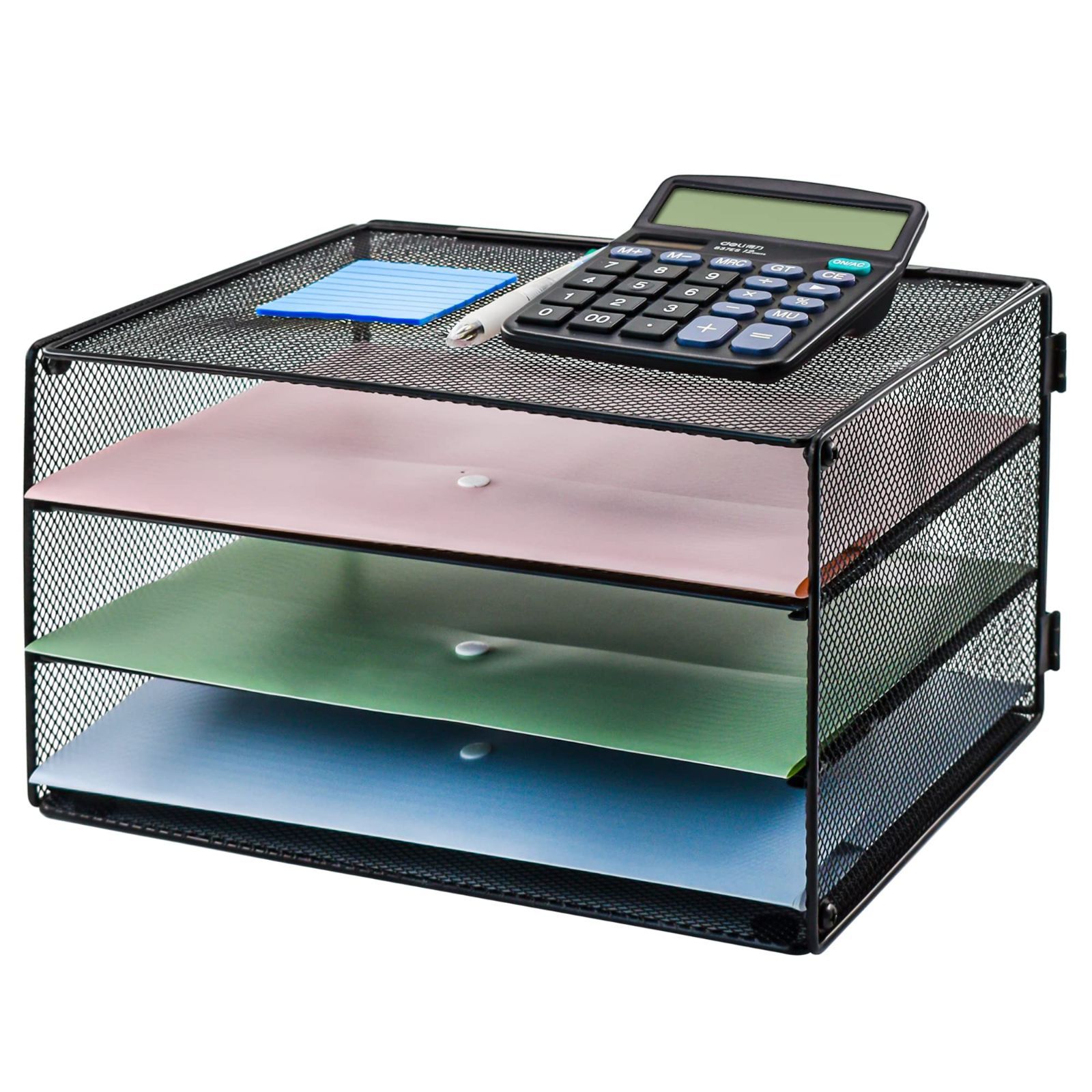 VANRA 書類トレー 3段 レタートレイ メッシュメタル A 横型 レターケース ファイルラック 卓上収納ラック ブラック 新聞 雑誌 4ファイル フォルダー 書類入れ オフィス