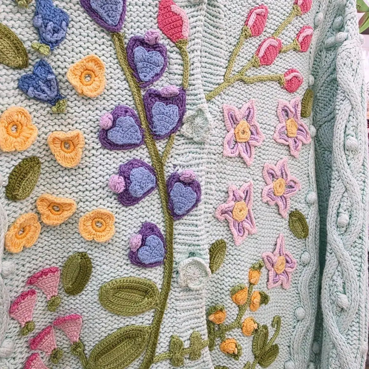 ミント フラワー 刺繡 フード ニット カーディガン